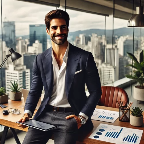 DALL·E 2024-12-17 11.34.41 - Uma imagem realista de um empreendedor brasileiro representando sucesso e inovação. A pessoa é um homem jovem, na faixa dos 30 anos, de pele morena e